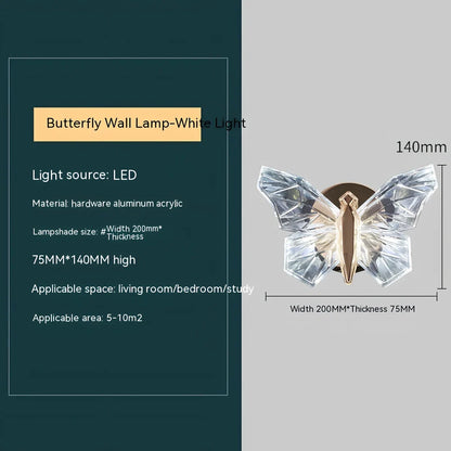 Butterfly-shaped crystal wall lamp with aluminium frame and multi-colour LED lighting for bedroom decoration