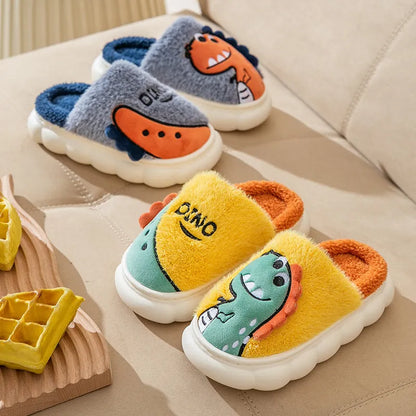 Cotton plush slippers with dinosaur themes in grey, coffee, and orange, showing thickened sole and couple set design