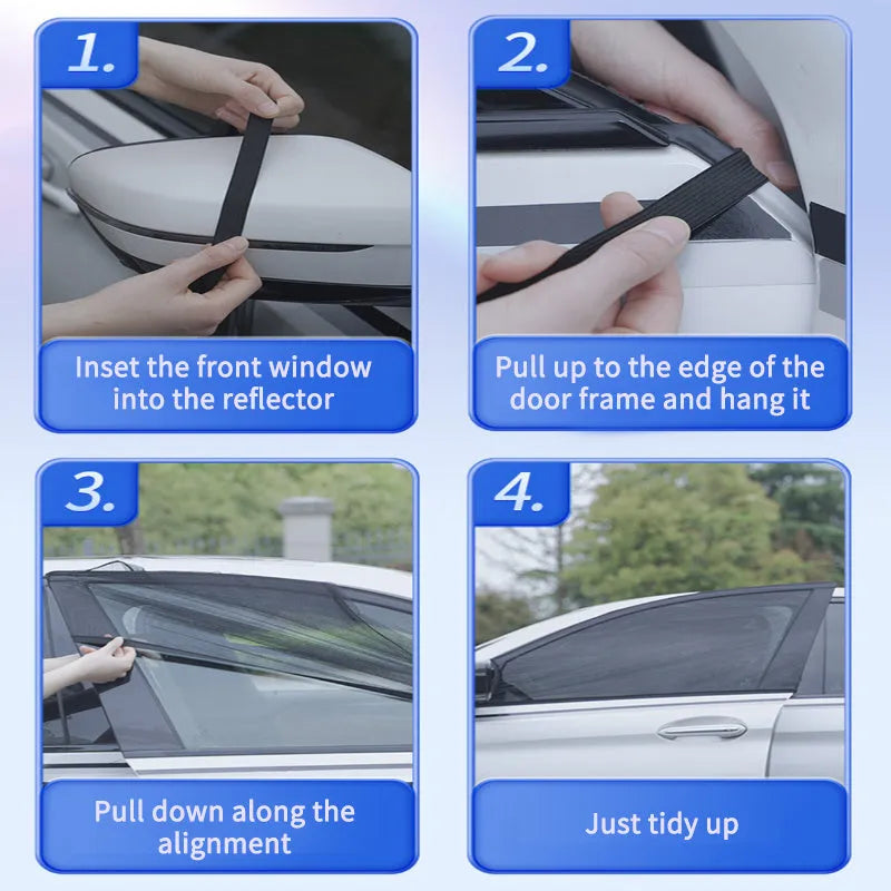 Stretch-fit mesh sunshades installed on a car's front and rear side windows for sun and insect protection.