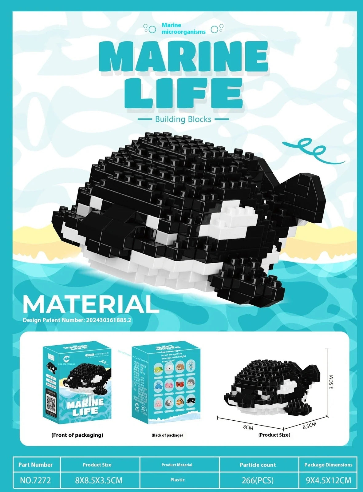 Marine small creature building blocks set showing 12 different sea animal models in colour box packaging
