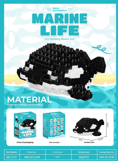 Marine small creature building blocks set showing 12 different sea animal models in colour box packaging