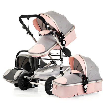 Aluminium frame baby stroller with large canopy and four EVA wheels in dusty pink colour