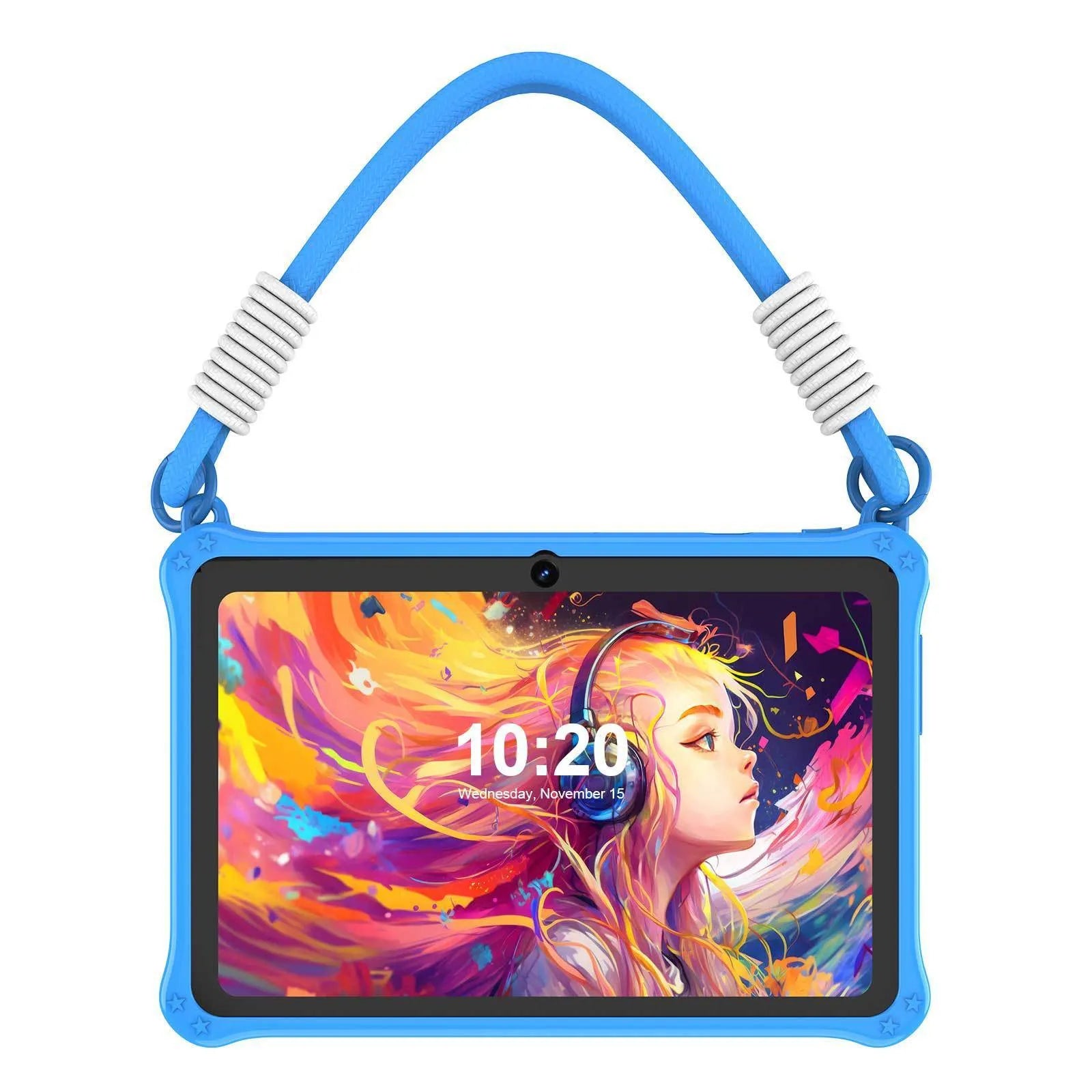 7-inch children's tablet silicone protective case in dark pink or sapphire blue with flat strap and screen protector
