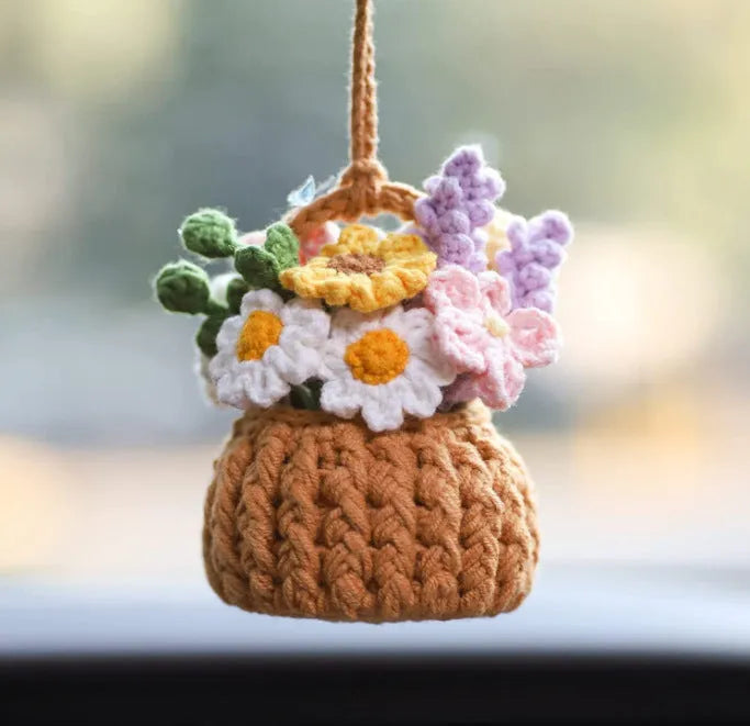 Green and white knitting wool car plant decoration with 8cm base and 25cm hanging rope