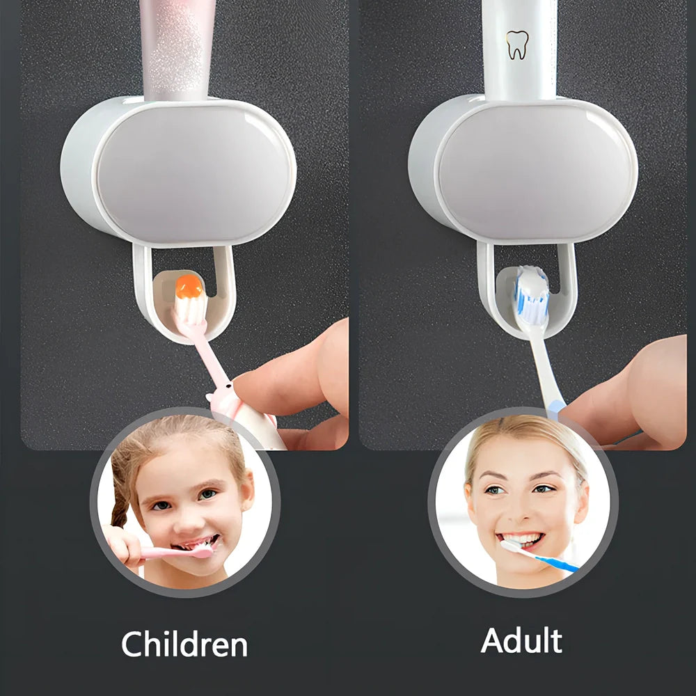 Black wall mounted automatic toothpaste dispenser with squeeze mechanism and dustproof toothbrush storage