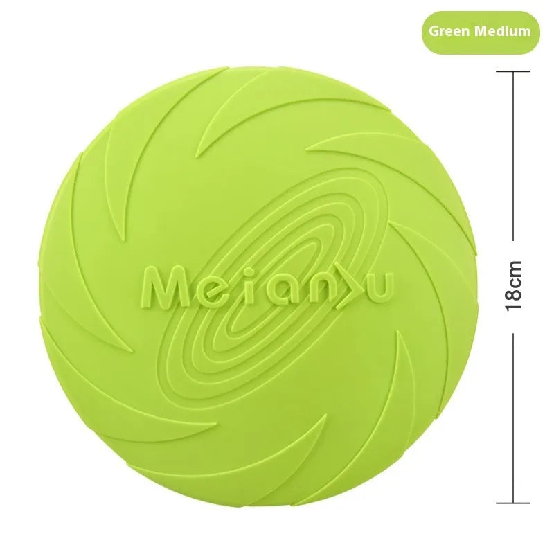Soft rubber dog frisbee toy in red, blue, and green colours showing small, medium, and large size options