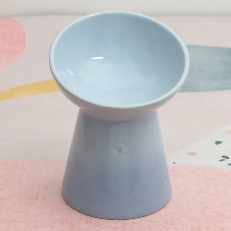 White ceramic pet bowl with high foot neck protector showing 15cm diameter and 8cm height measurement