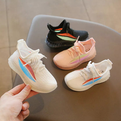 Children's breathable woven sports shoes in white, black, and pink colors