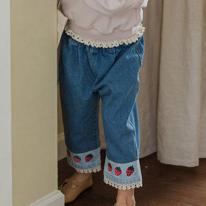 Children's jeans with strawberry embroidery and lace patchwork on denim, mid waist with hairband belt