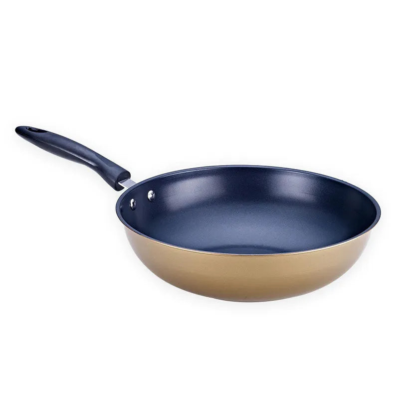 Cast iron three-piece cookware set showing a soup pot, milk pot, and wok with non-stick coating.