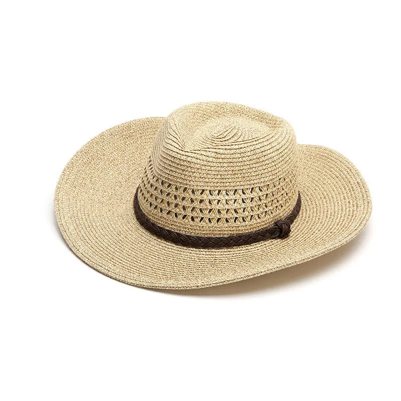 Man's foldable natural straw sun hat with a wide brim shown in mixed beige colour.