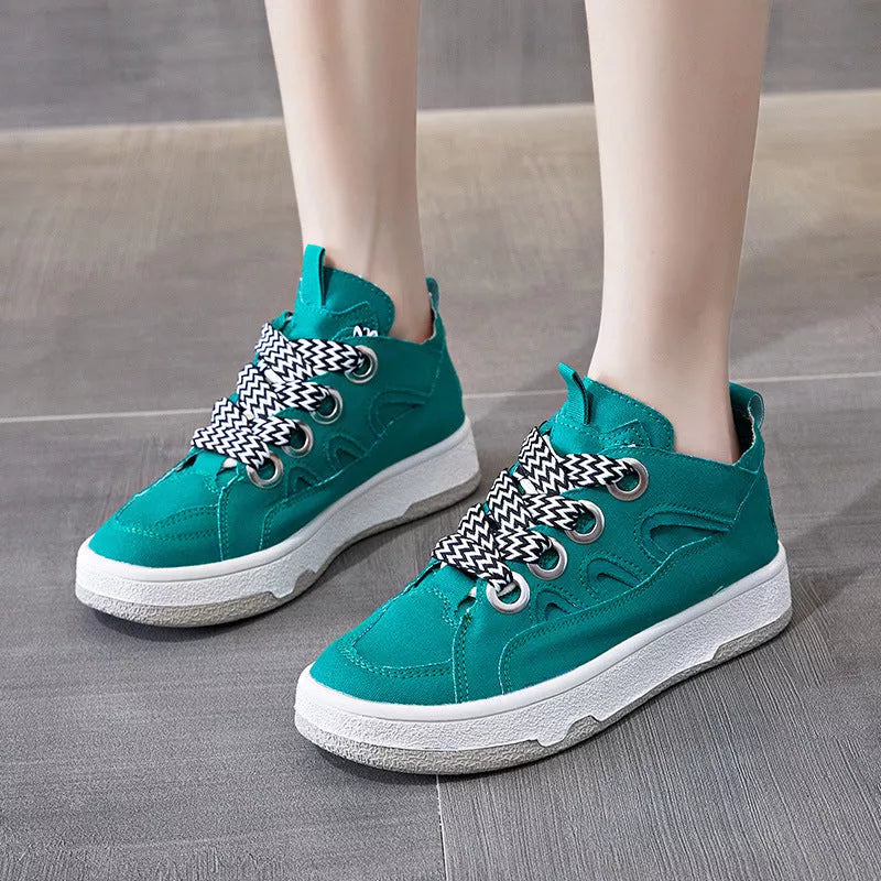 Women's canvas platform shoes in green, beige, and pink with breathable design and rubber sole