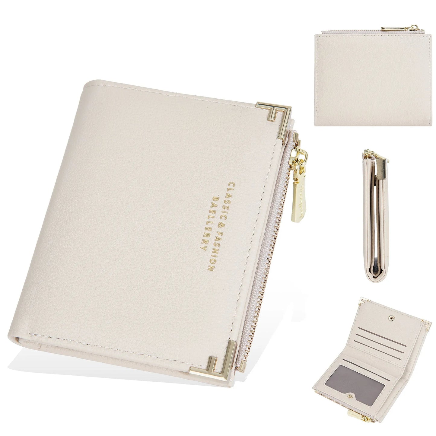 Slim pink PU leather women's wallet with card slots and a zipper coin compartment.