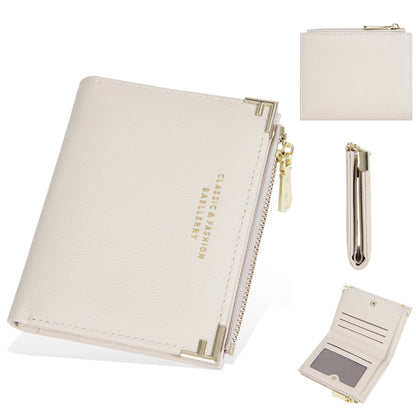 Slim pink PU leather women's wallet with card slots and a zipper coin compartment.