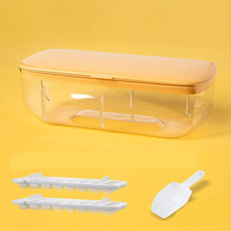 Quick release ice cube tray set with storage box and scoop, available in yellow, blue, and pink
