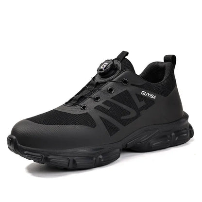 Lightweight safety shoes with Flyknit upper, steel toe cap, and TPU sole