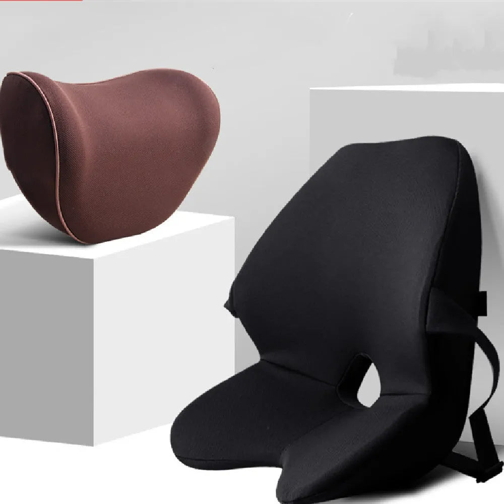 Memory foam car lumbar support cushion and headrest combination in beige colour