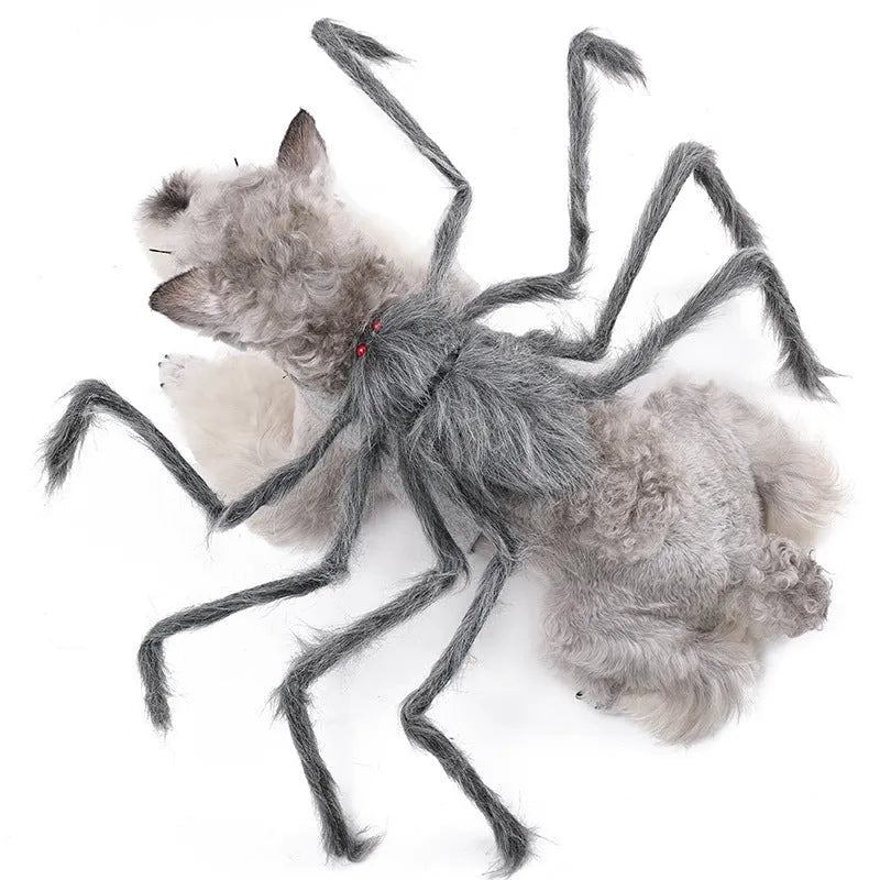 Halloween big spider pet costume for dogs and cats in grey, brown, black, or purple with adjustable sizes