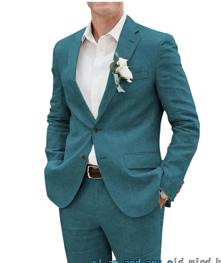 Men's beige linen blend slim fit two-piece suit for business and formal occasions