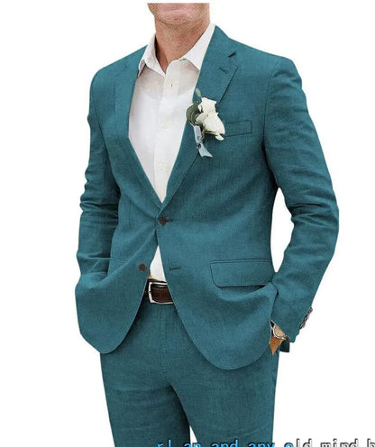 Men's beige linen blend slim fit two-piece suit for business and formal occasions