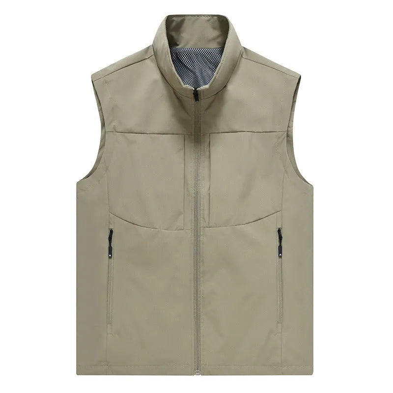 Men's Loose Fit Cardigan Vest for Casual Outdoor Photography Fishing Sport, Breathable Stand Collar Design in Khaki, Black, Army Green, Beige, or Dark Blue Polyester, Available in M, L, XL, 2XL, 3XL, 4XL, 5XL Asian Sizes