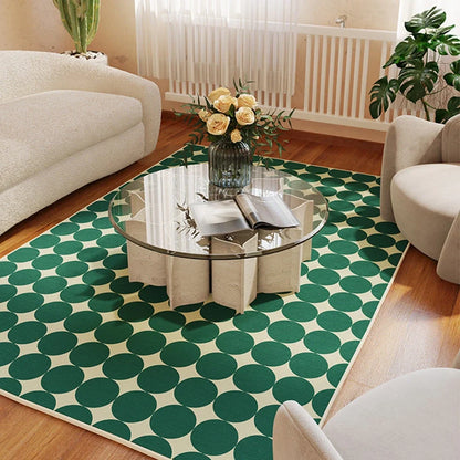 Rectangular checkboard pattern rug in dark green with geometric squares on living room floor