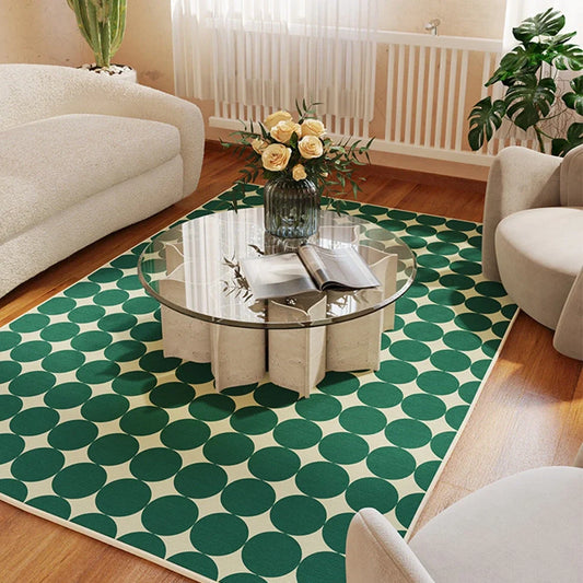 Rectangular checkboard pattern rug in dark green with geometric squares on living room floor