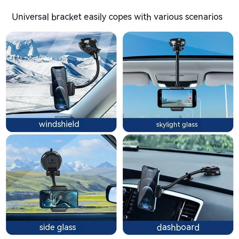 Black universal rotating car phone bracket with metal bending-resistant holder and multi-angle adjustment for vehicle use