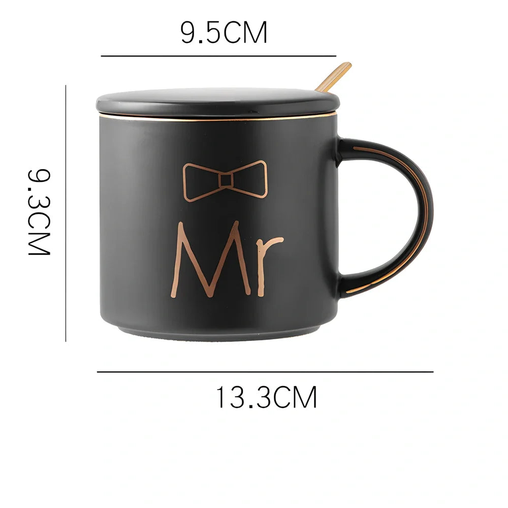 White ceramic mug with matte glaze and high-temperature decal design, matching lid, 450ml capacity