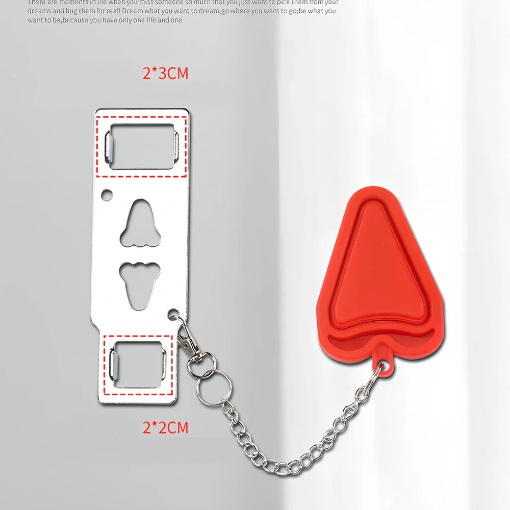 Red portable door security latch with chrome metal components for tool-free installation