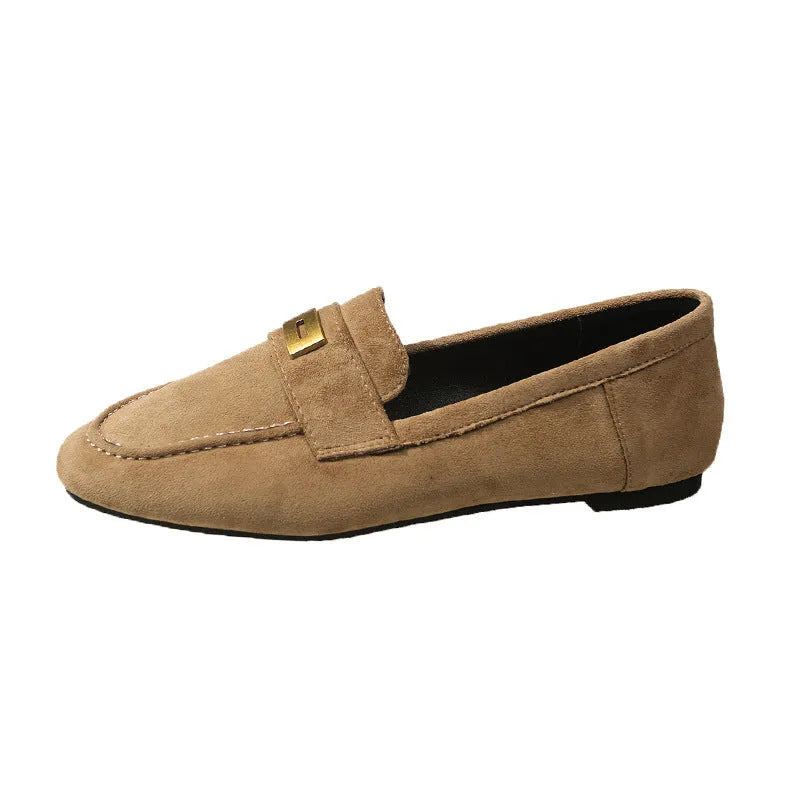 Women's square toe flat loafers in black, khaki, and brown artificial PU, sizes 35 to 40.