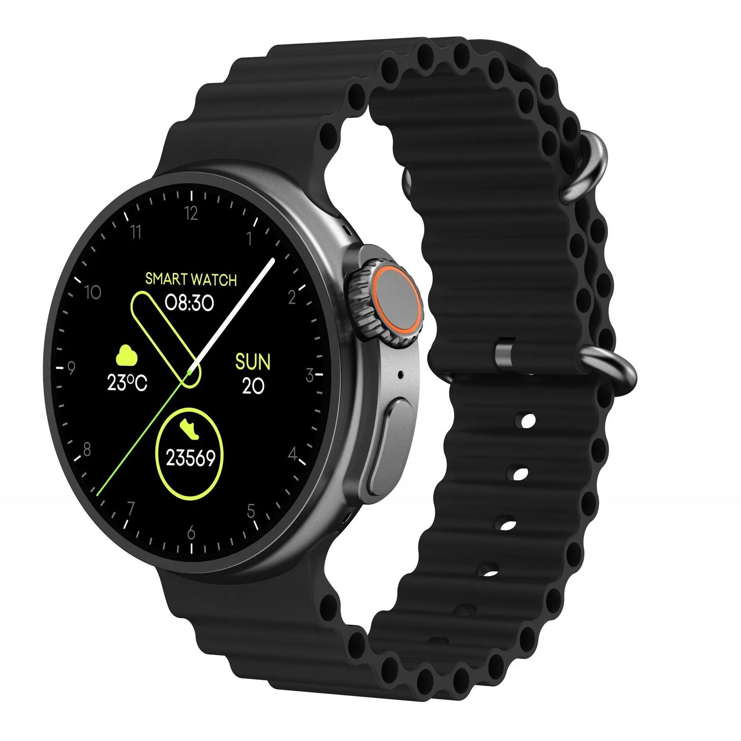 K9 smart watch with circular screen and silicone strap showing interface with health metrics