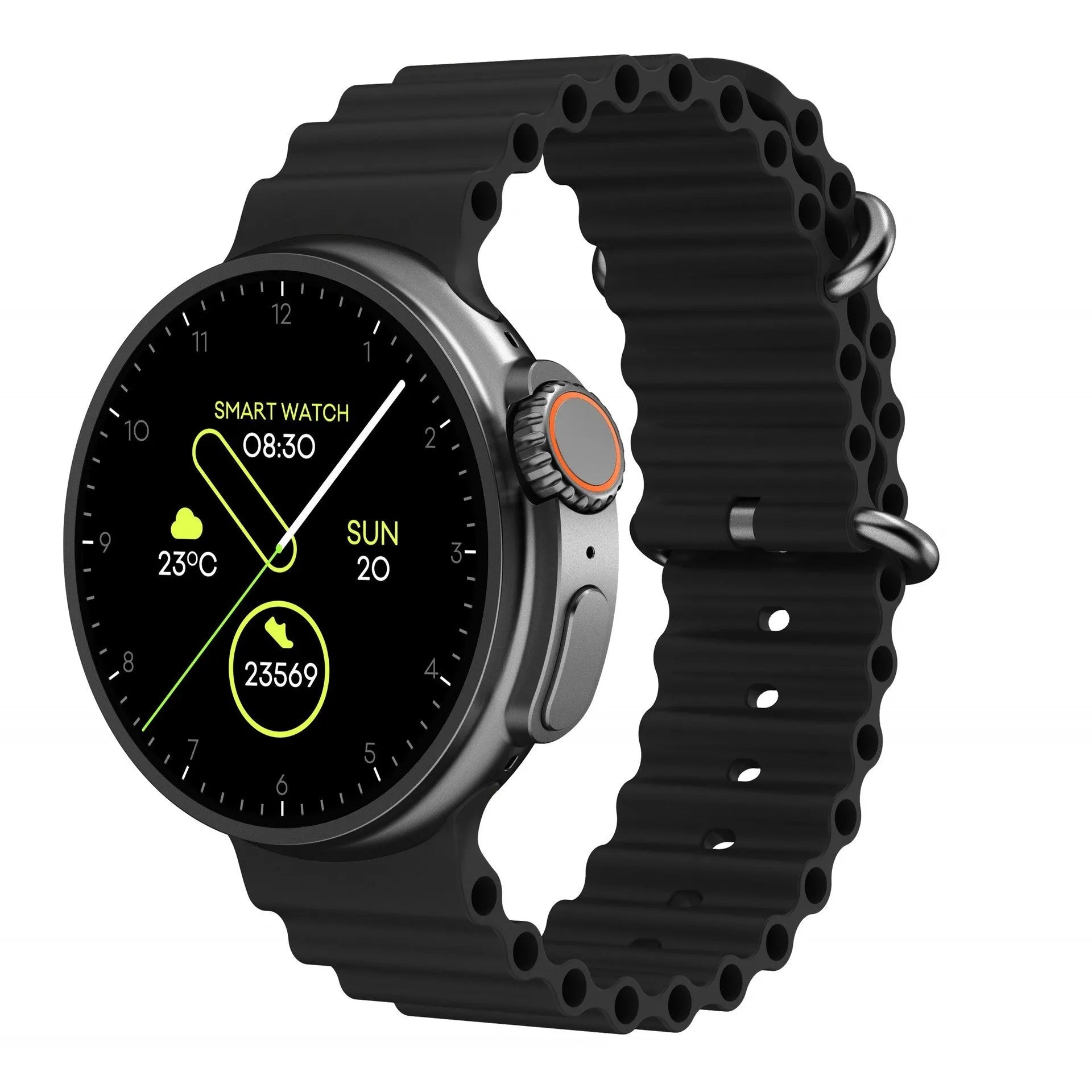 K9 smart watch with circular screen and silicone strap showing interface with health metrics