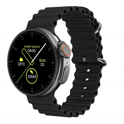 K9 smart watch with circular screen and silicone strap showing interface with health metrics