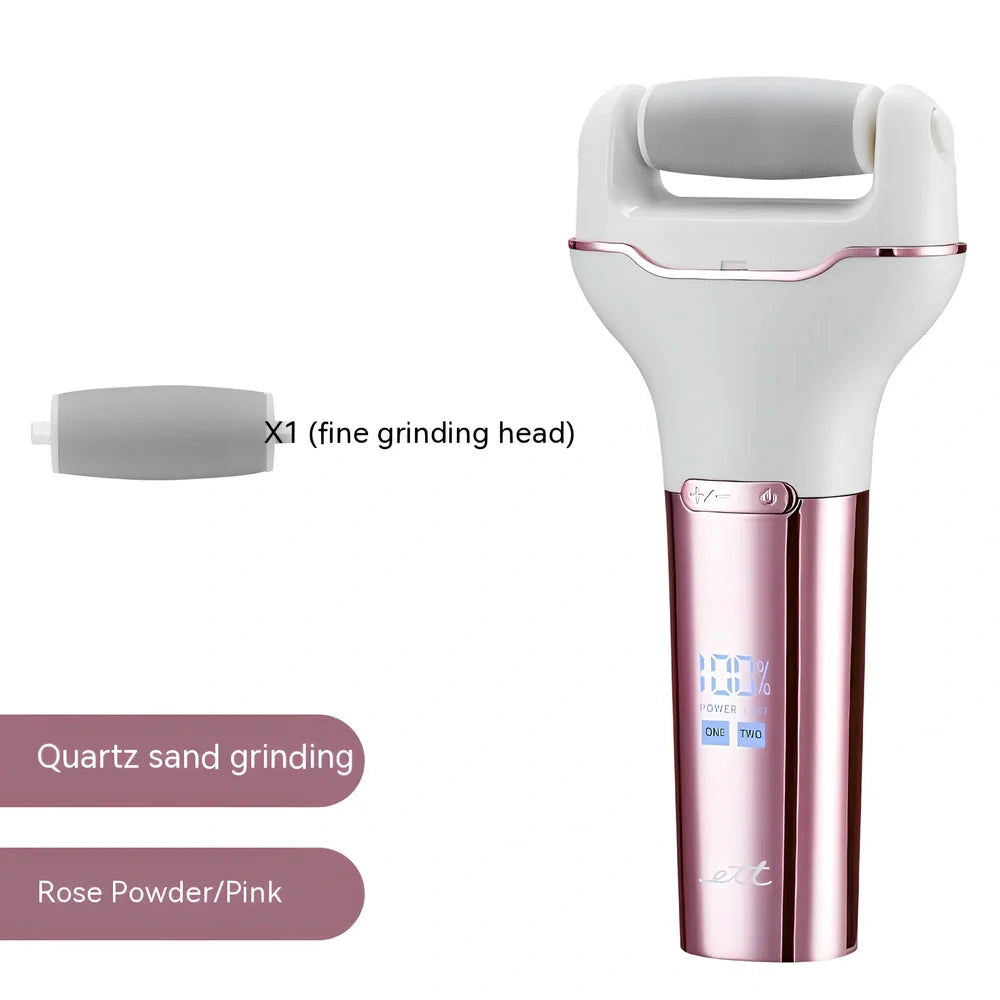 Electric foot grinder with digital display in rose pink colour, showing compact 173×80×30mm waterproof design