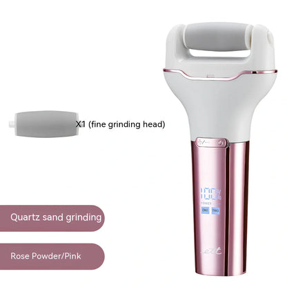 Electric foot grinder with digital display in rose pink colour, showing compact 173×80×30mm waterproof design