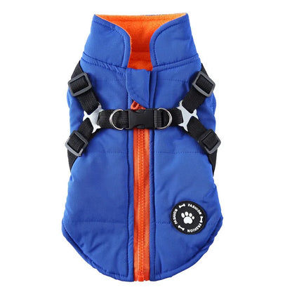 Polyester quilted dog jacket with a chest strap, shown in blue, on a mannequin.