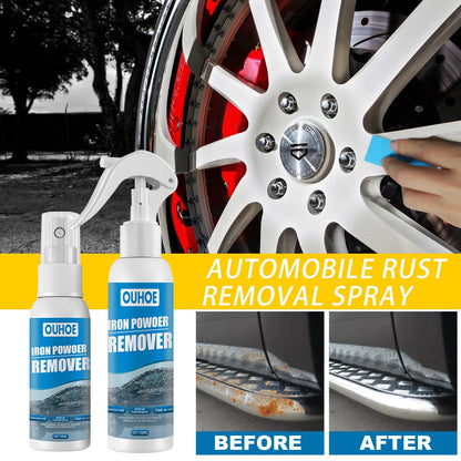 Blue square sponge and spray bottle of car iron powder rust remover