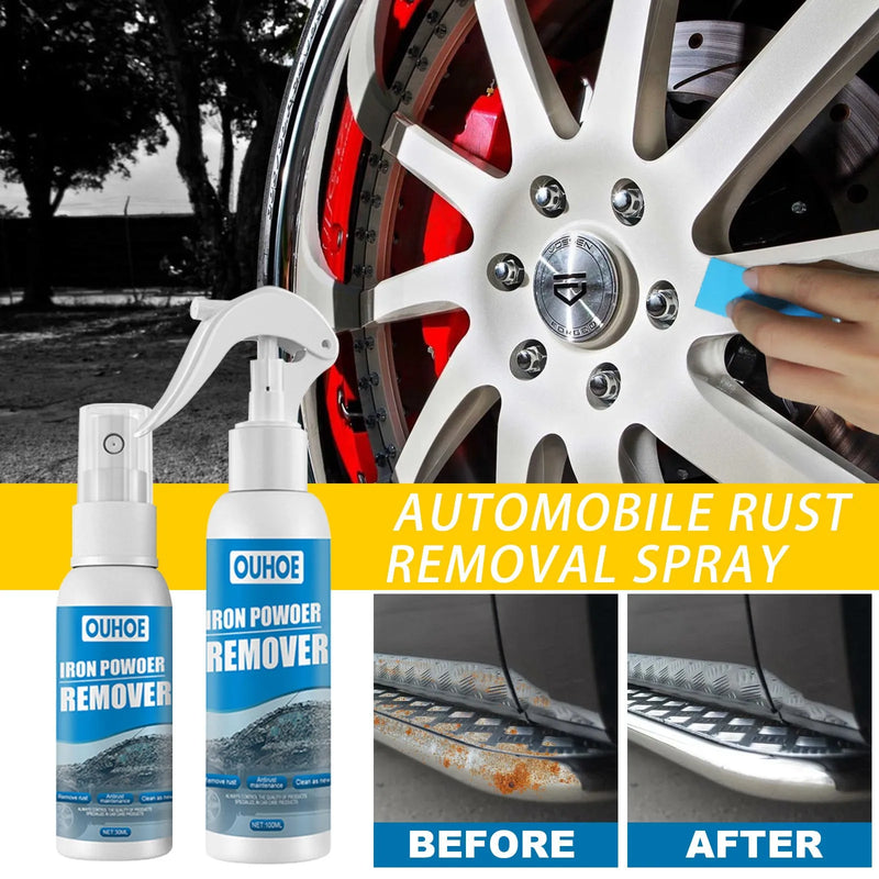 Car iron powder rust spray anti-rust rust remover for automotive surface cleaning with blue square sponge applicator in 30ml or 100ml bottle sizes designed for removing iron particles from paintwork