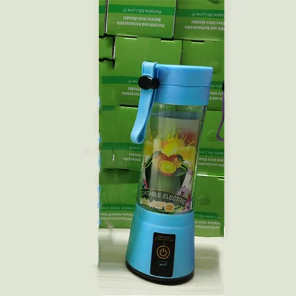 Portable USB rechargeable blender with pink colour option showing cup and six-blade design