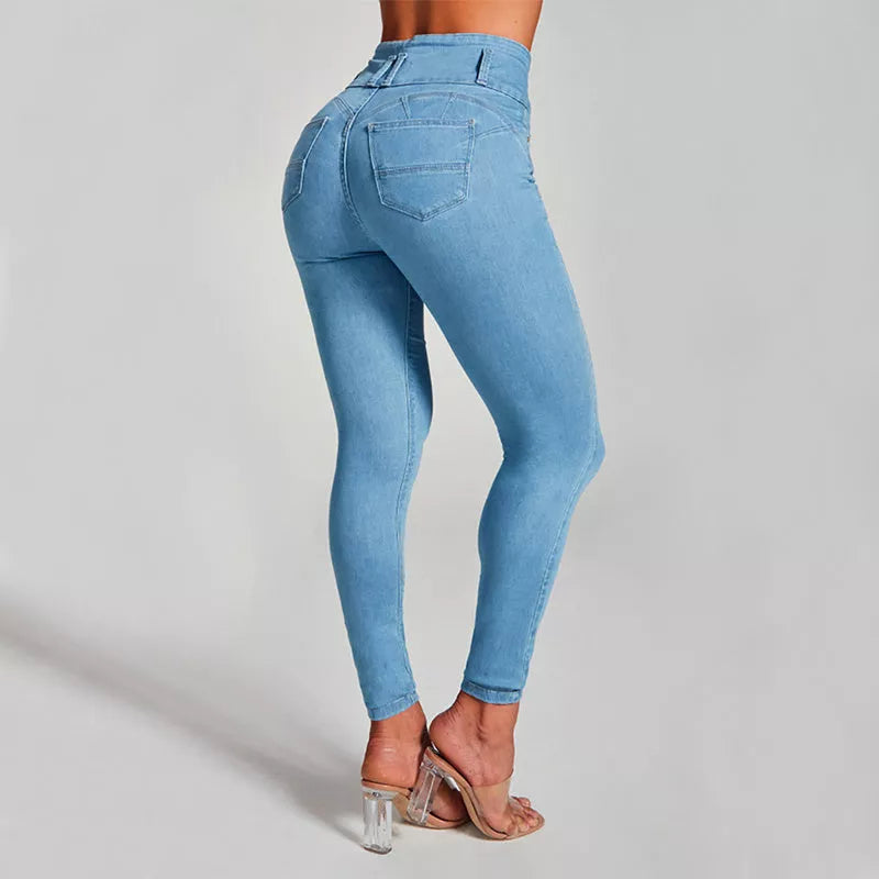 Women's high waist skinny jeans in dark blue and light blue, sizes S-XXL