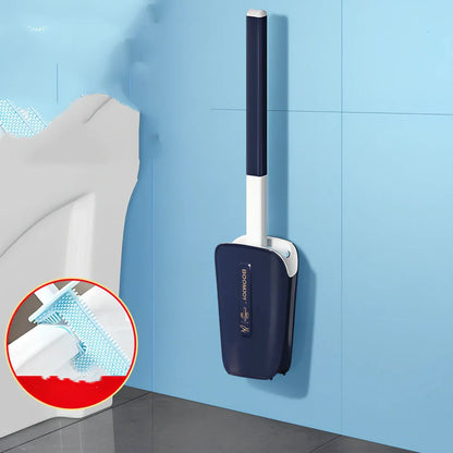 Blue toilet brush with angled TPR bristles in wall-mounted bucket for bathroom cleaning