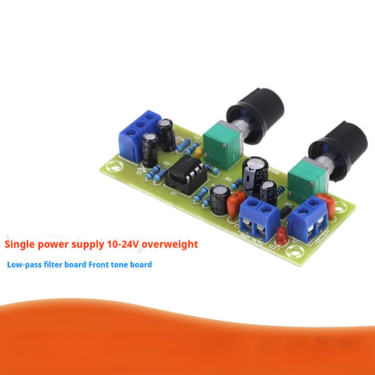 Single power supply 10-24V super dynamic bass boost front stage board for car audio on a green FR-4 PCB.