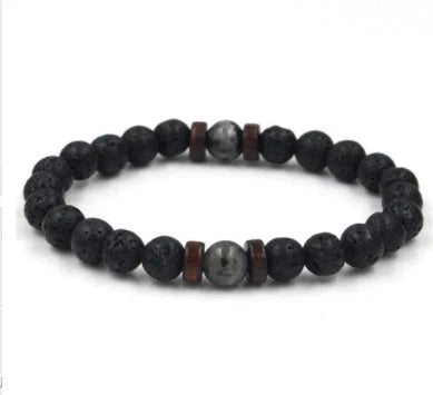 Stylish men's bracelet made with natural volcanic stone, flash stone, and wood chip in a geometric, mosaic-like design