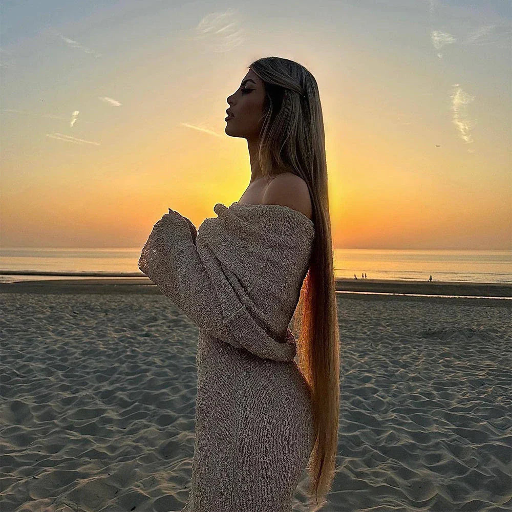 One-shoulder knit maxi dress in various colors for beach vacations and summer fashion