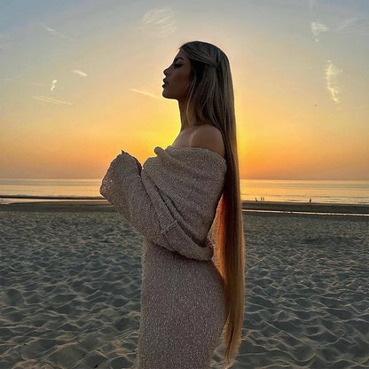 One-shoulder knit maxi dress in various colors for beach vacations and summer fashion