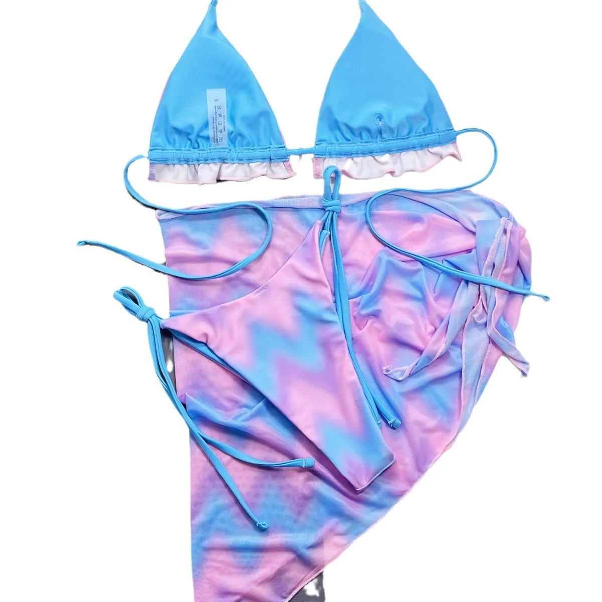 Women's split tie-dye bikini set with skirt, bra, and panties in pictured colour