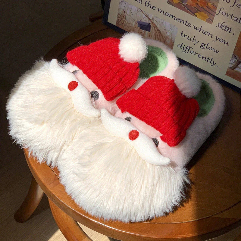Cozy Santa Claus-themed Christmas slippers with plush upper and non-slip EVA sole for indoor comfort and traction
