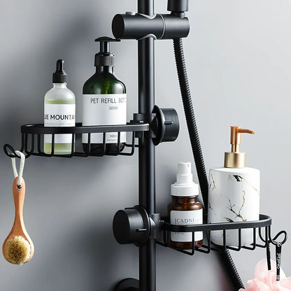 Black aluminium shower storage rack with shelves for bathroom organisation
