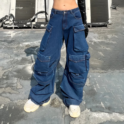 Dark blue distressed wide-leg jeans with high waist and multiple pockets on cotton denim fabric